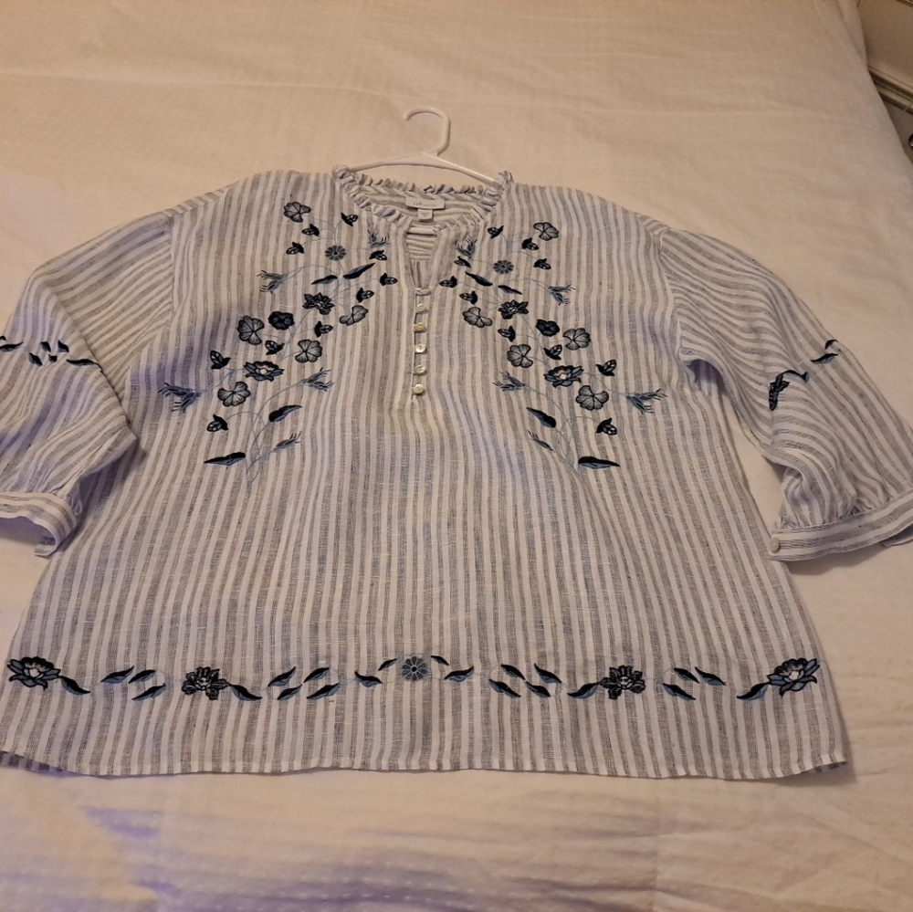 J. Jilll Love Linen Relaxed Popover Top In Cobalt And White Size M Excellent Con - Picture 2 of 9